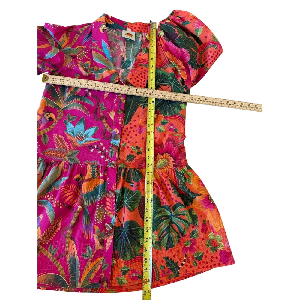 FARM Rio XS Colorblock Mixed Tropical Print Mini Shirt Dress Pink Orange Birds - Picture 4 of 7